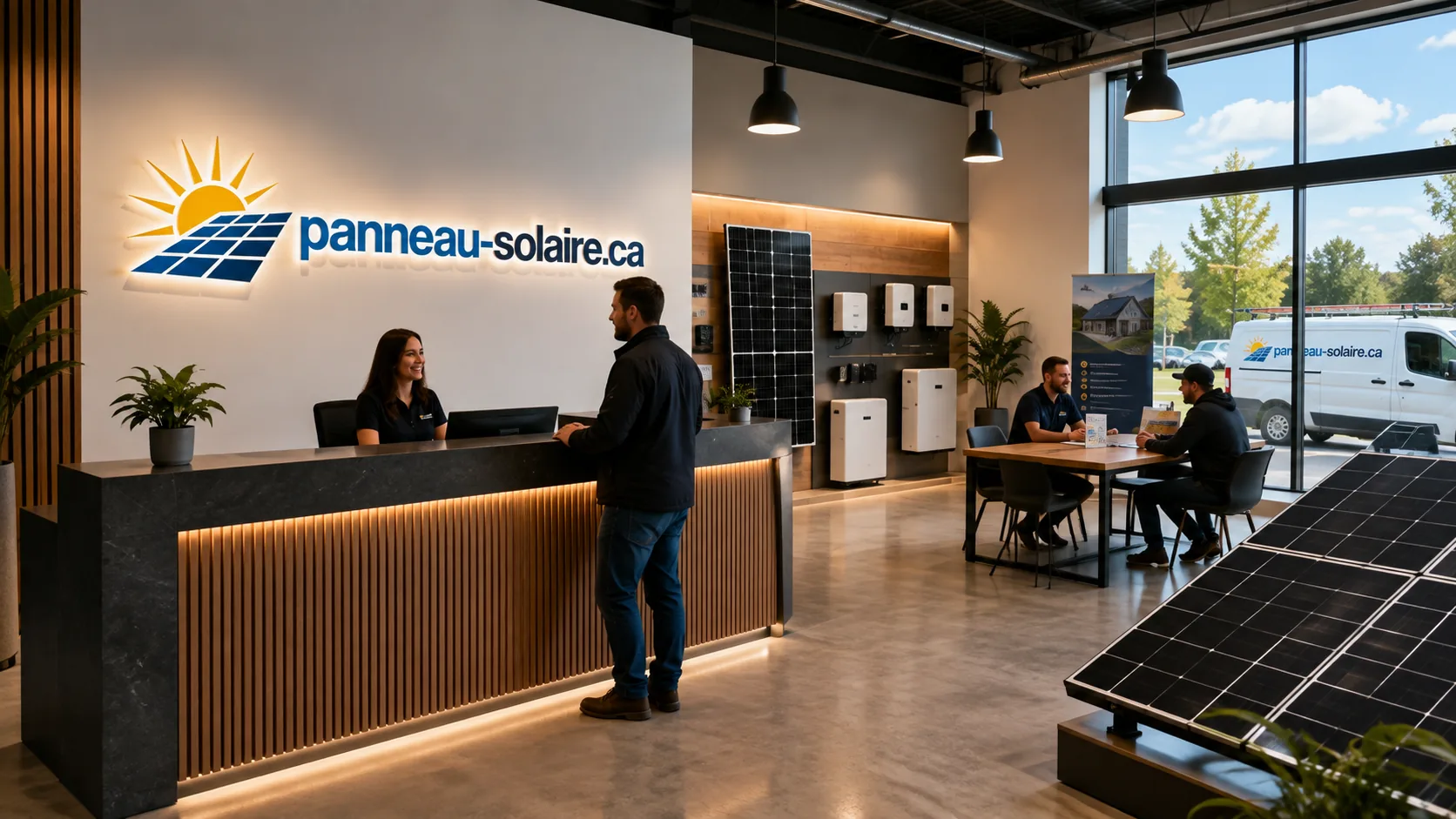 Salle de montre d'installation solaire avec modules, onduleurs et batteries