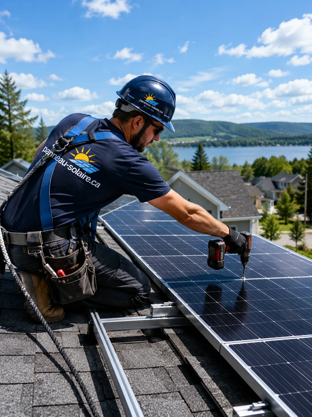 Installateur posant des panneaux solaires sur une toiture résidentielle