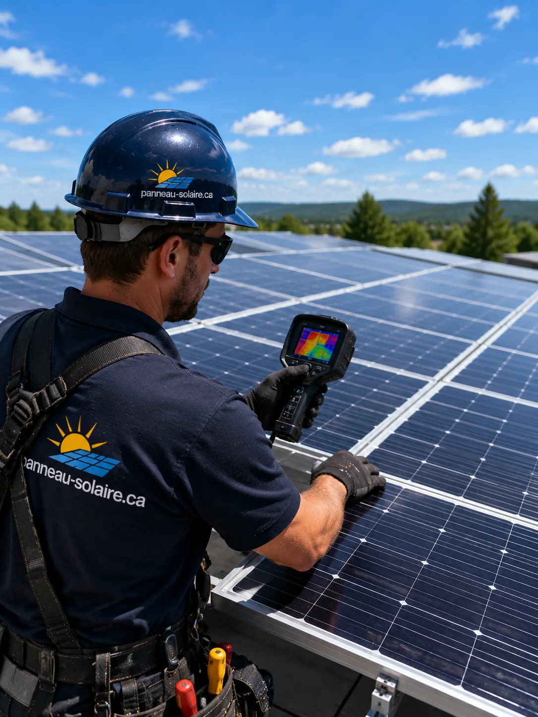 Technicien inspectant des modules solaires à la caméra thermique